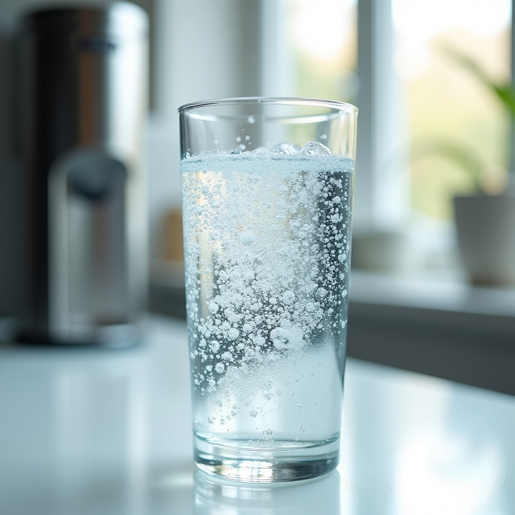 Sprudelwasser aus einem Wassersprudler in einem Glas